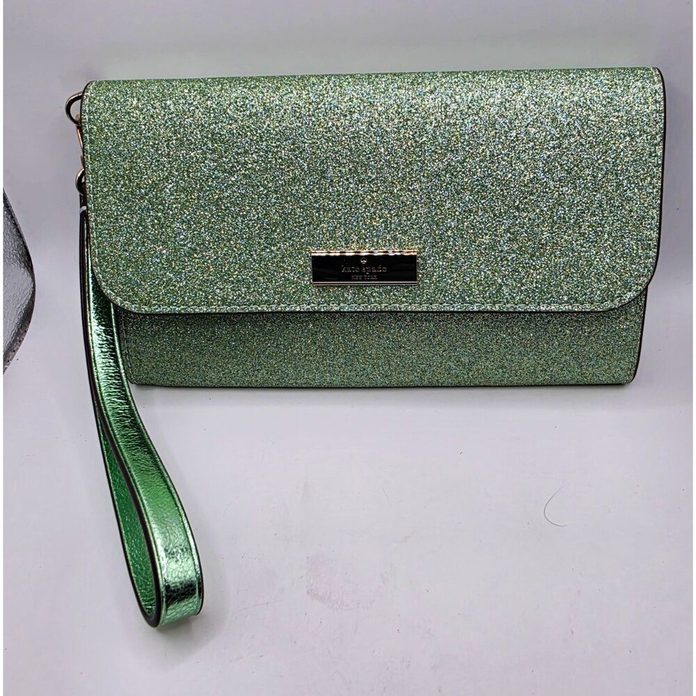 Kate Spade Kenzie Glitter Medium Flap Wristlet Seawater Green KK322 NWT $199